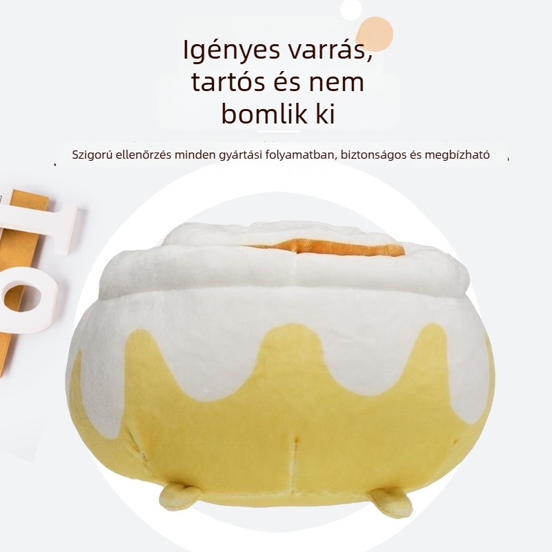 Szürke plüssmacska – plüssjáték donut, pizza és burger motívumokkal; dizájn szendvics‑biszkit; plüssbaba a megfogó géphez