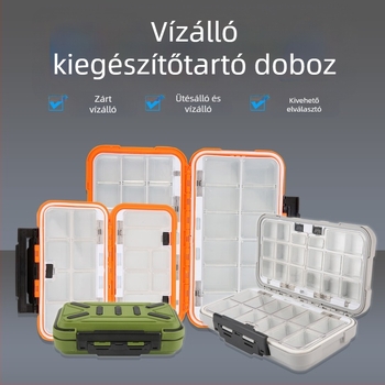Kompakt horgász felszerelés doboz műcsalik és csalik rekeszekkel, hordozható tároló