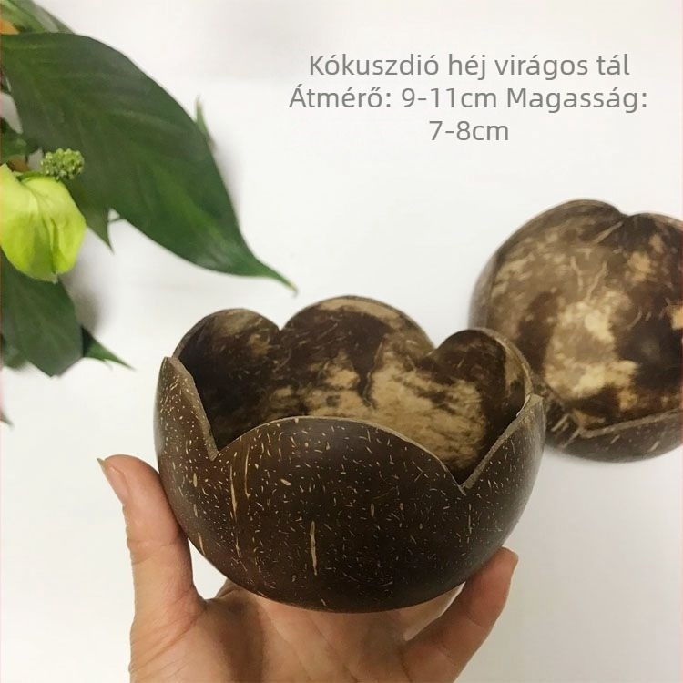 Kézzel faragott kókuszhéjból készült tál, gyümölcstál, salátatál és aszalt gyümölcs tál; kókuszfa anyag, kókuszfa dizájn; logó testreszabható