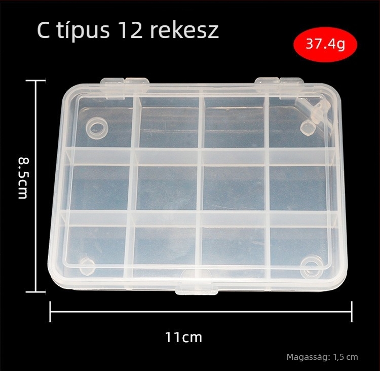 12 rekesz es átlátszó műanyag műcsali tároló (PVC)