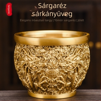 Latun kettős sárkányos henger, sárkány mintával és két főnixszel, kincsesláda dekorációként a nappaliba vagy az előcsarnokba, fém dísztárgy