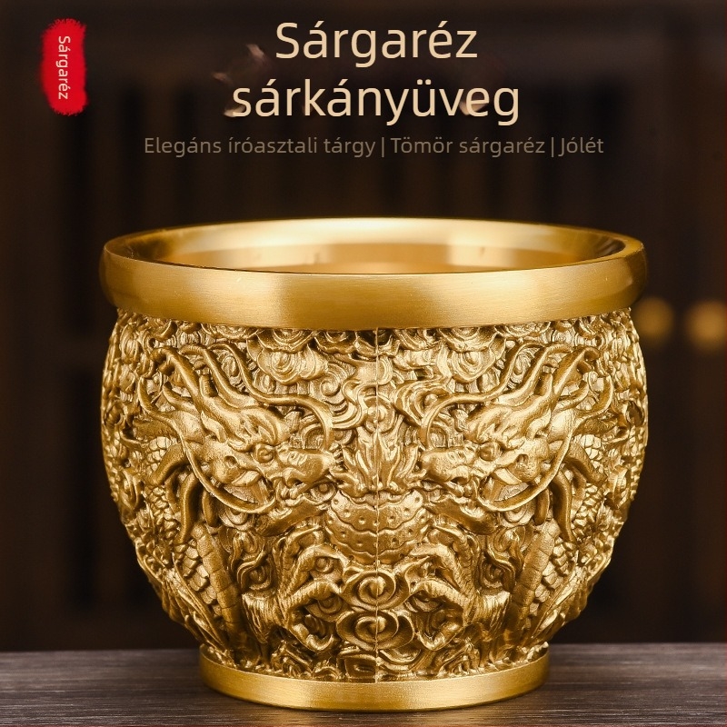 Latun kettős sárkányos henger, sárkány mintával és két főnixszel, kincsesláda dekorációként a nappaliba vagy az előcsarnokba, fém dísztárgy