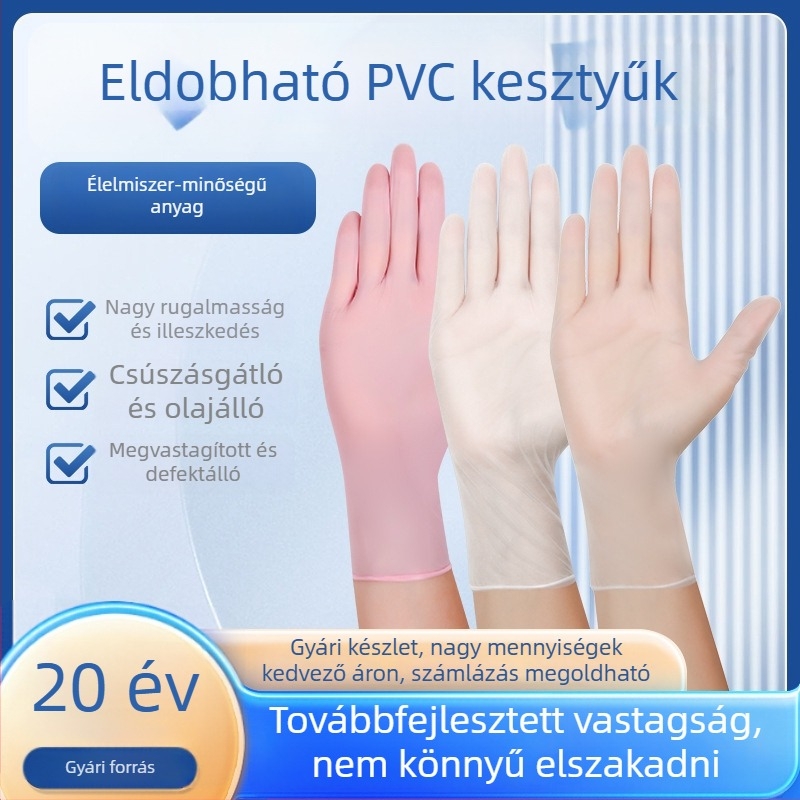 Egyszer használatos PVC kesztyűk kozmetikai szalonokhoz, masszázshoz, élelmiszerbiztos konyhai és háztartási tisztításhoz.