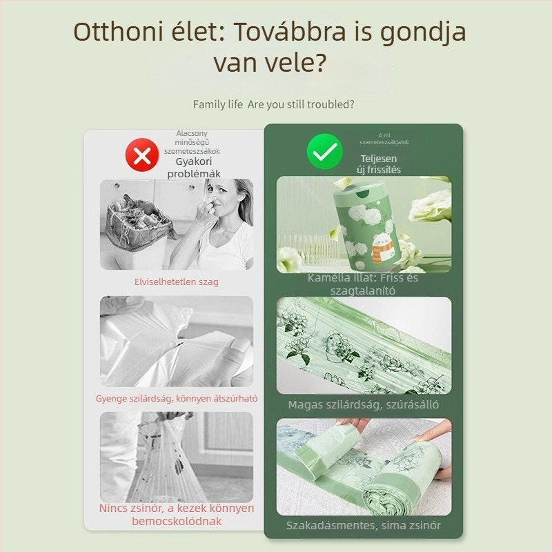 Camellia Extra vastag nyomtatott szemeteszsákok, vastag húzózsinóros tárolózsákok, háztartási tisztítószer-készlet