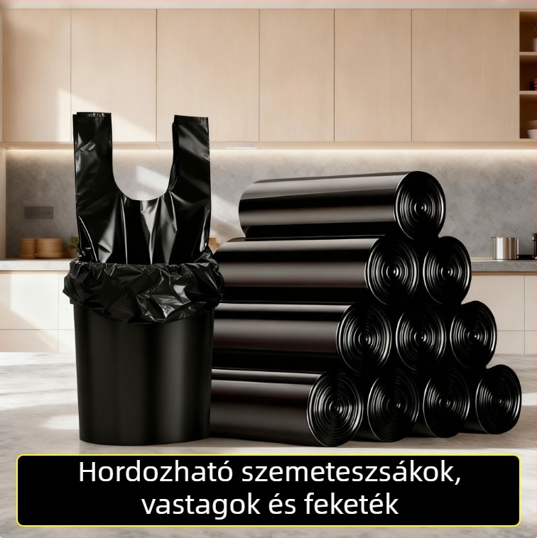 Mellény-stílusú egyszer használatos szemeteszsákok, 45×60 cm, fekete, vastagított, háztartási konyhai használatra.