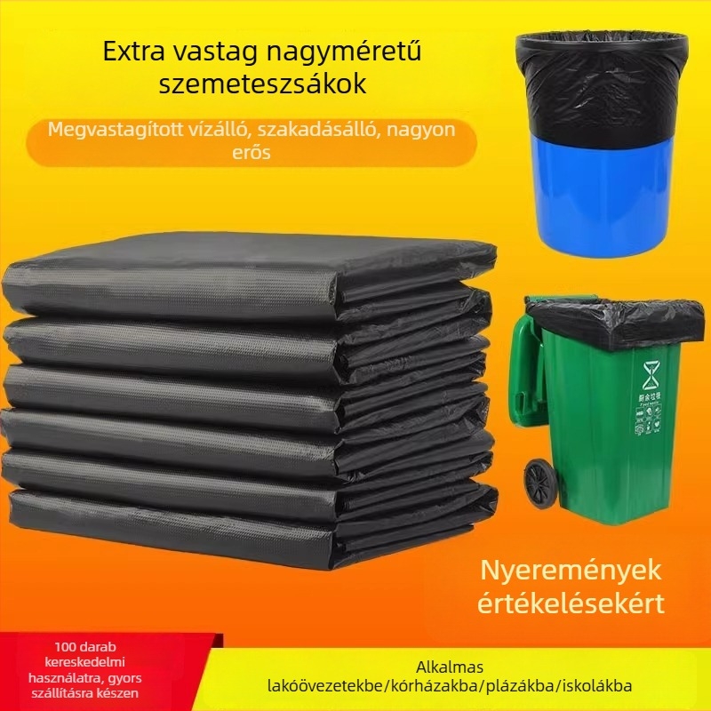 Nagy vastag fekete műanyag szemeteszsákok, egyszer használatosak otthoni, kereskedelmi és szállodai használatra, lapos szájú és fogantyúval