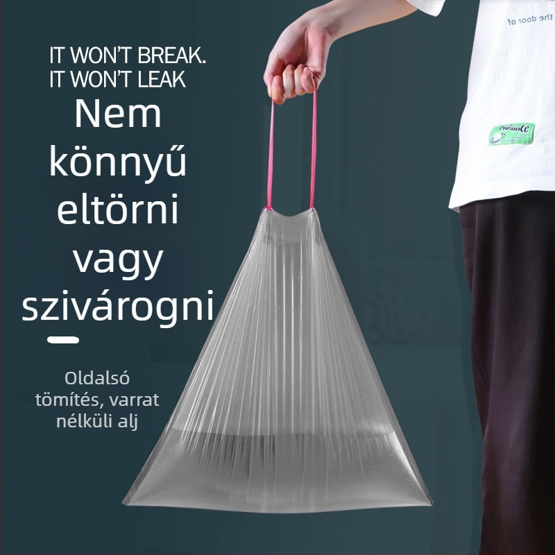 Kötőzsinóros szemeteszsák, vastagított, nagy méretű, HDPE anyagból, otthoni használatra, kollégiumi