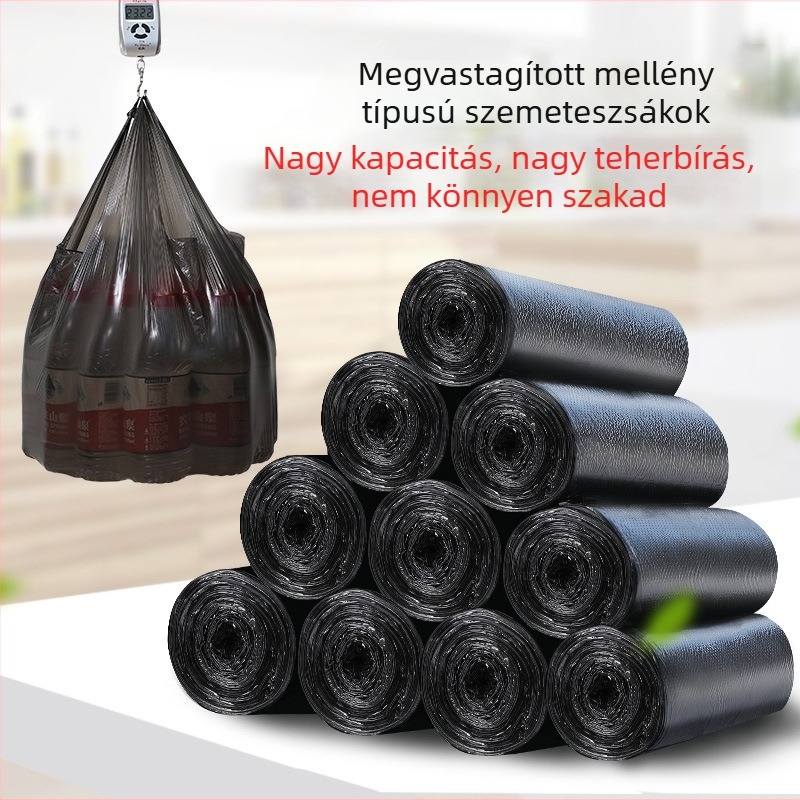 Mellény-stílusú szemeteszsákok, kézben tarthatók, 45×60 cm, fekete, vastagított, háztartási/konyhai használatra
