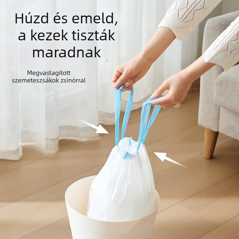 Vastagított szemeteszsák kötős kivitelben, nagy háztartási zacskók konyhához és fürdőszobához