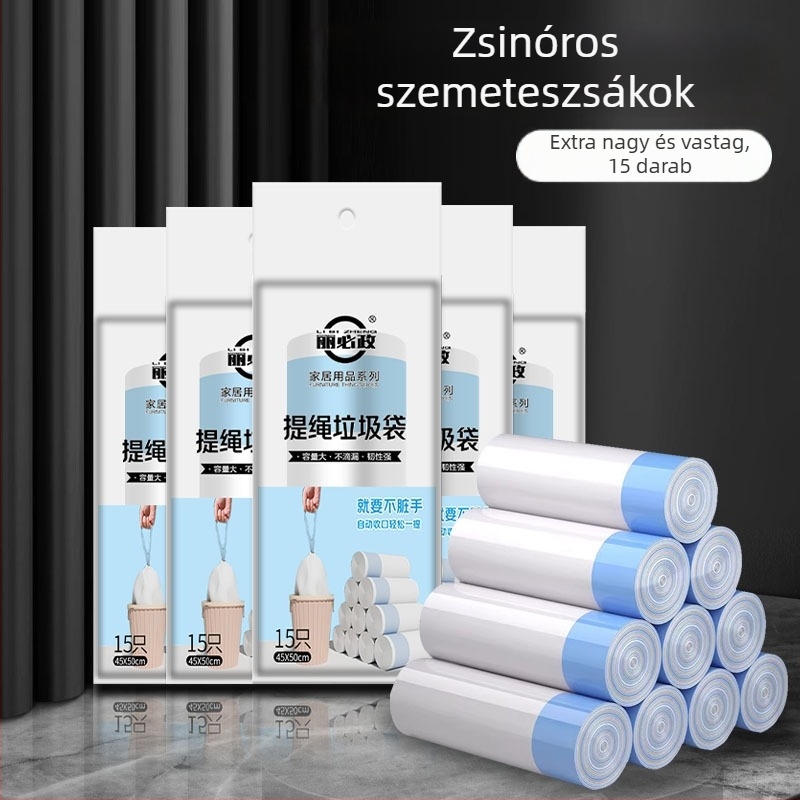 Csatos szemeteszsákok, extra nagyok és vastagok, fogantyúval, nagy méret, konyha, mosdó, kollégium, automatikus záródás
