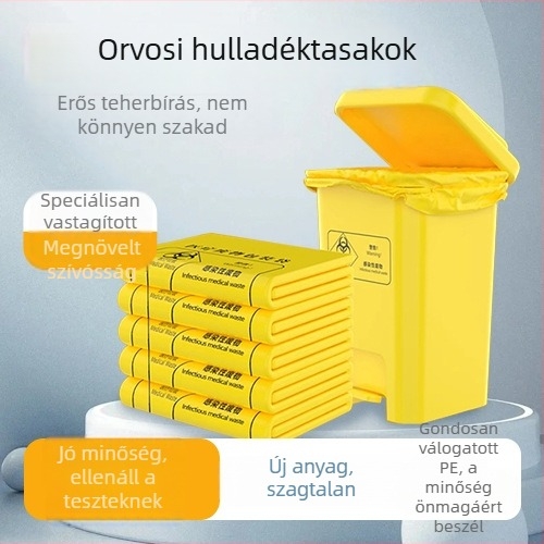 Egyszer használatos sűrített sárga orvosi hulladékzsák, sík szájú kialakítással, kórház- és klinikai felhasználásra