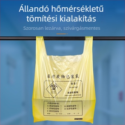 Egyszer használatos sűrített sárga orvosi hulladékzsák, sík szájú kialakítással, kórház- és klinikai felhasználásra