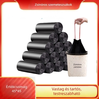 Vastagított szemeteszsák zsinórral, fekete, nagy méretű 45×50 cm, otthoni és konyhai használatra