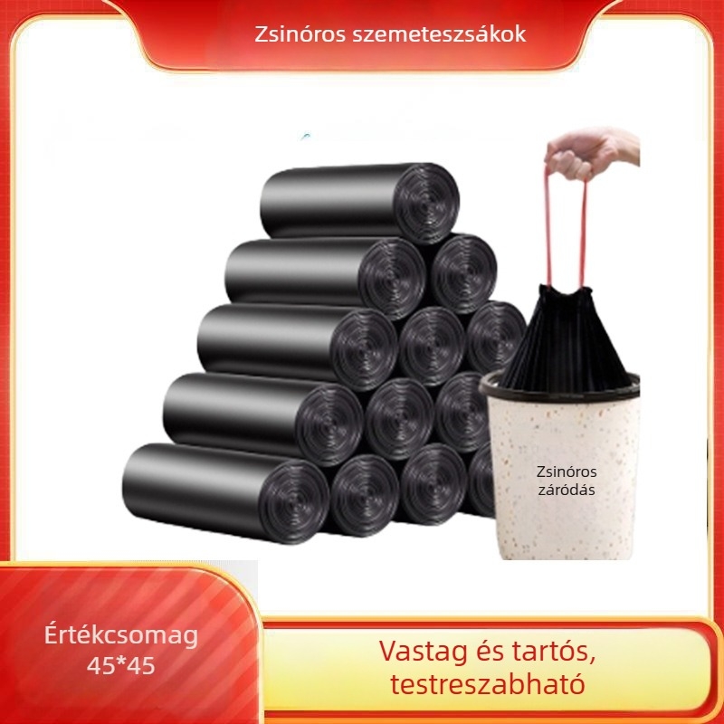 Vastagított szemeteszsák zsinórral, fekete, nagy méretű 45×50 cm, otthoni és konyhai használatra