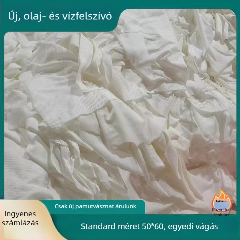 Fehér, 100% pamut ipari törlőkendő, szöszmentes, felszívja a vizet és az olajat.
