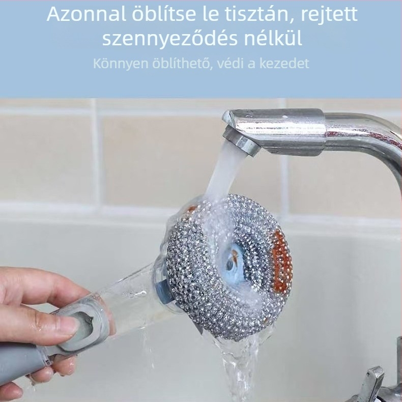 Hosszú nyelű edénytisztító kefe folyadéktartállyal – tisztítás a konyhában edényekhez, fazekakhoz és tálakhoz, acélgolyóval