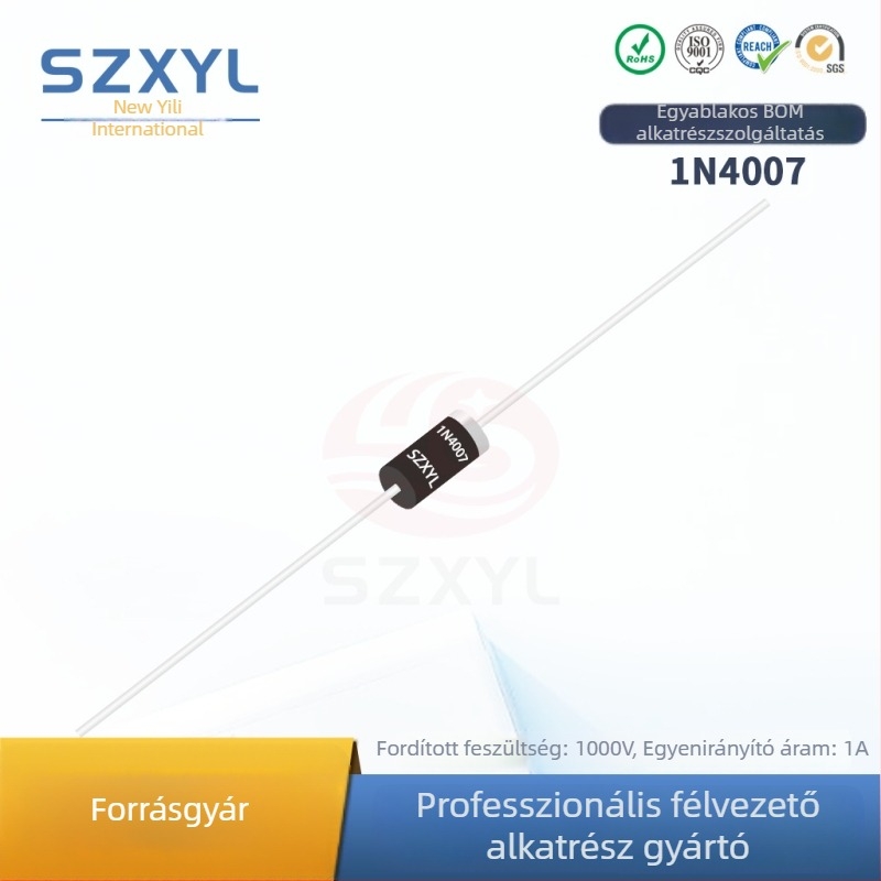 1N4007 egyenirányító dióda, DO-41 csomagolás, két lábú, 1000 V, 1 A