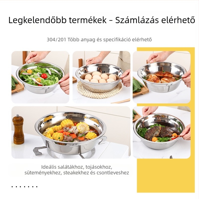ARKIE 304 rozsdamentes acél leveses tálak – háztartási és konyhai használat, kis tálak háziállatoknak, kereskedelmi felhasználásra, átmérő 12–28 cm