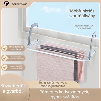 Rozsdamentes acél ruhaszárító, függő, dupla rúddal, összecsukható, alkalmas balkonnak és ablakpárkánynak, ruhák és cipők rendezője