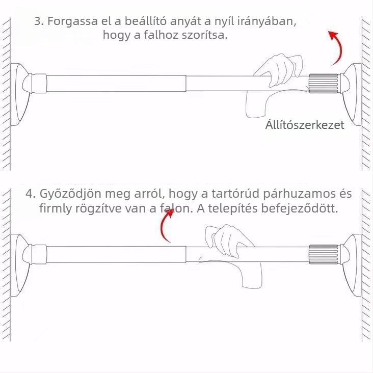 Rozsdamentes acél teleszkópos rúd fúrás nélkül – ruhásszekrényhez, ruhaszárításhoz, fürdőszobai függönyhöz és hálószobai függönyhöz
