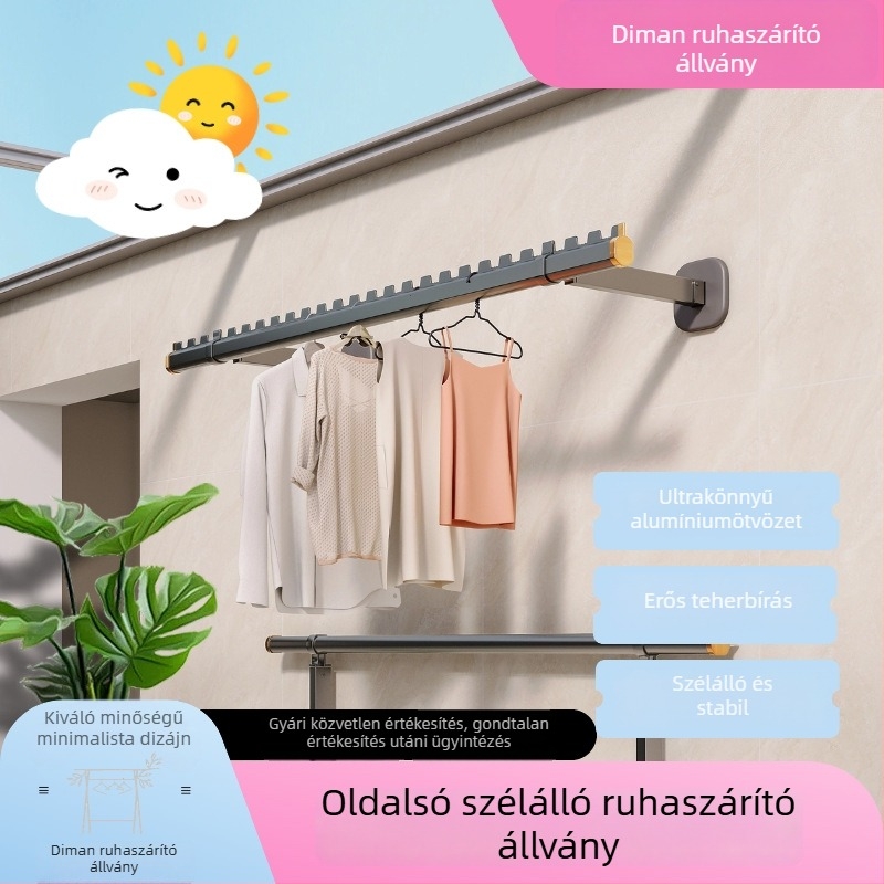 Oldalsó szerelésű ruhaszárító keret, erkélyre fixen, alumíniumötvözetből készült összecsukható ruhaszárító rúd