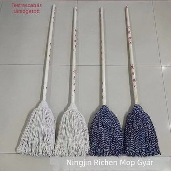 Régi típusú fa nyelű pamutfonalas mop, körfejű fej, háztartási és kereskedelmi használatra