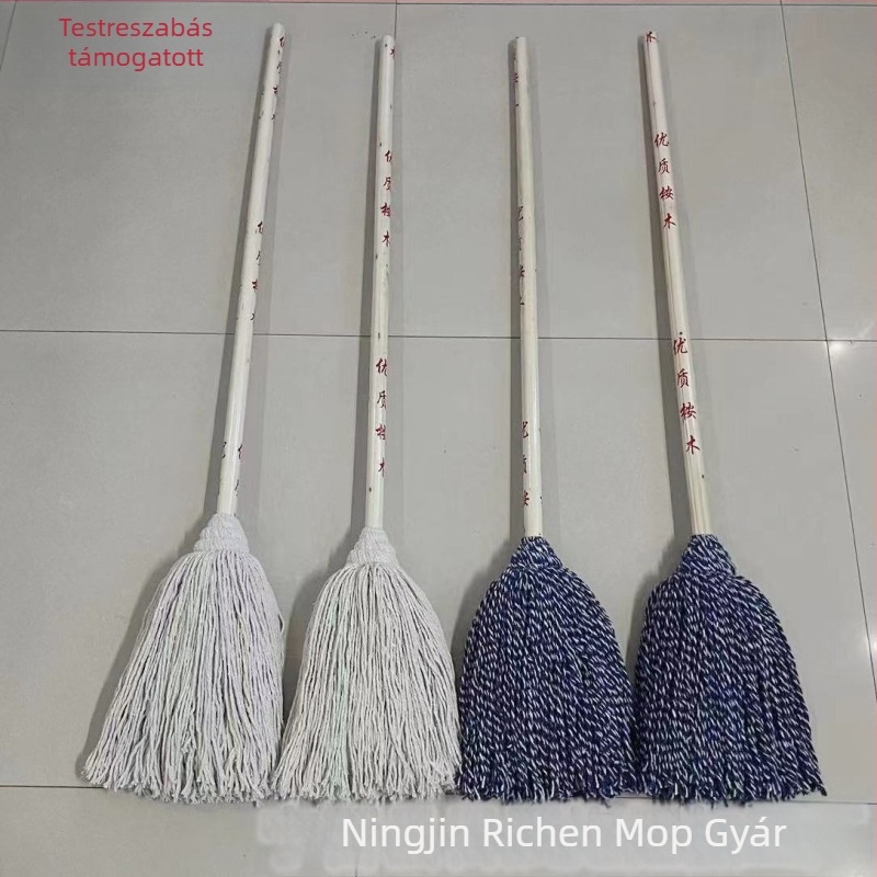 Régi típusú fa nyelű pamutfonalas mop, körfejű fej, háztartási és kereskedelmi használatra
