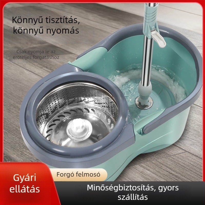 Kéz nélküli mop vödörrel – mikroszálas mop rozsdamentes acélnyéllel, dupla kifacsaró rendszer