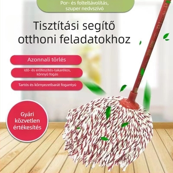Vastagodott mop fa nyélű, kerek fej, pamutszál, nedvszívó vászoncsíkok, hagyományos mop