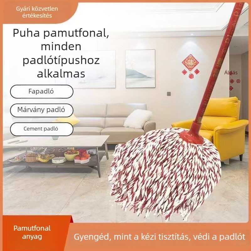 Vastagodott mop fa nyélű, kerek fej, pamutszál, nedvszívó vászoncsíkok, hagyományos mop