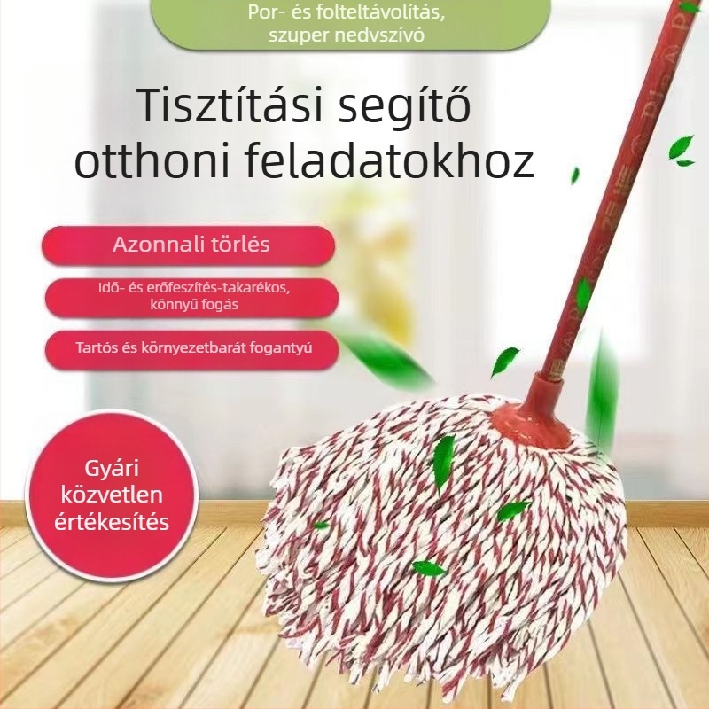 Vastagodott mop fa nyélű, kerek fej, pamutszál, nedvszívó vászoncsíkok, hagyományos mop
