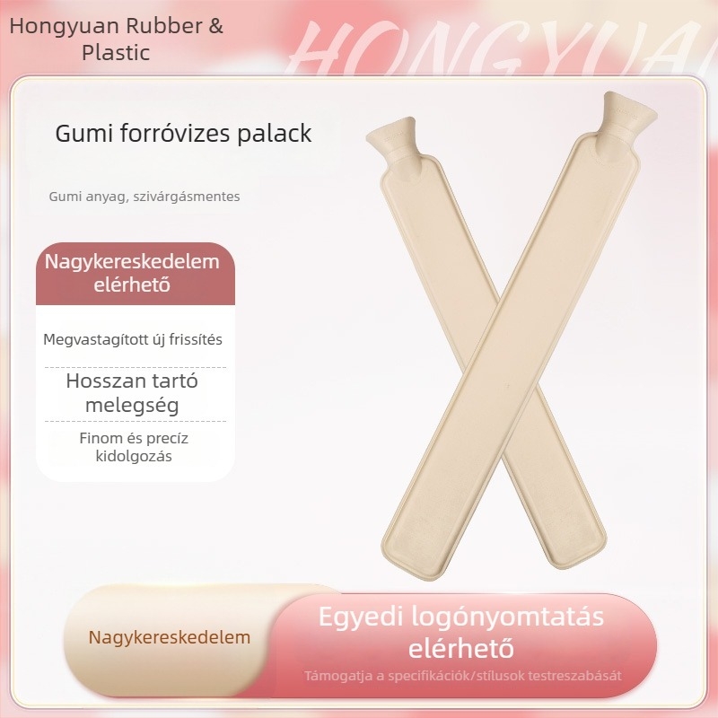 Hosszú gumiból készült melegvíz-palack vastag belsővel, vízzel tölthető, nagy méretű gyermekeknek, otthoni használatra.
