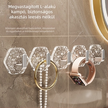 Hatszögletű ragasztós fürdőszobai akasztó, fúrás nélkül, átlátszó akril