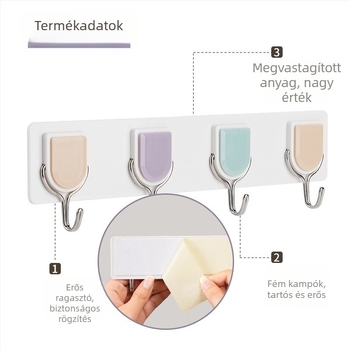 Színes műanyag ragasztófalikampó-készlet négy kampóval