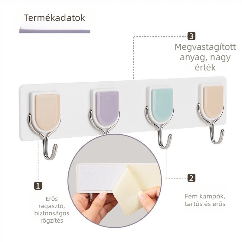Színes műanyag ragasztófalikampó-készlet négy kampóval