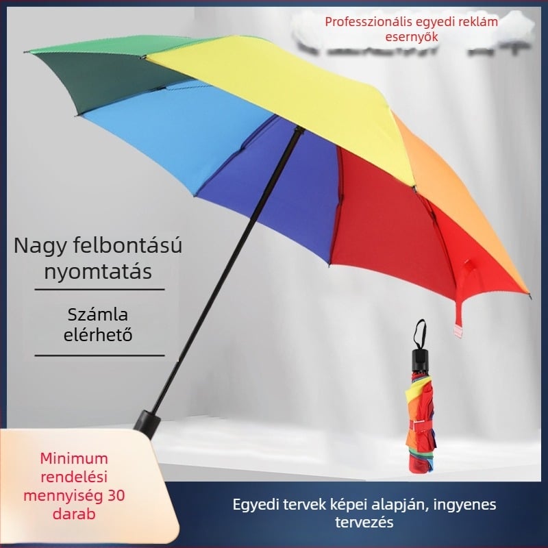 Önazonos logóval és szivárványos mintázattal rendelkező összecsukható esernyő