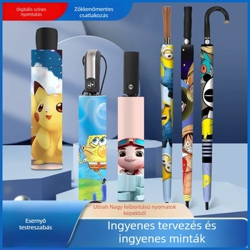 Automata összecsukható napernyő logónyomással és teljes színű karikatúra mintával; alumínium váz, 8 borda, fa fogantyú, 190T poliészter vászon, UPF >50