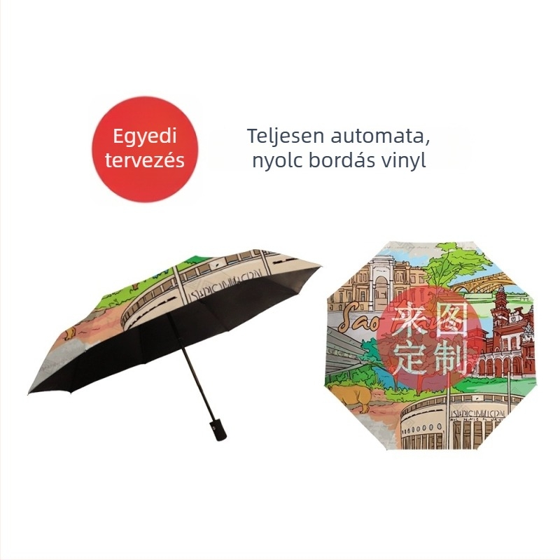 Automata összecsukható napernyő logónyomással és teljes színű karikatúra mintával; alumínium váz, 8 borda, fa fogantyú, 190T poliészter vászon, UPF >50
