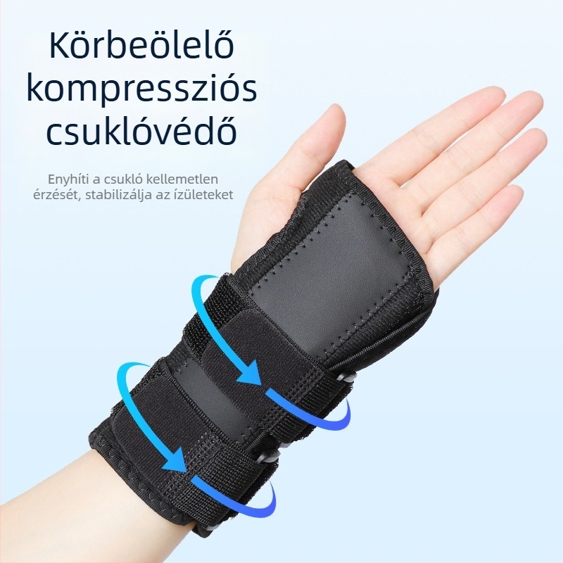 Rugalmas, lélegző csuklóvédő Velcro-zárással, állítható dupla kompressziós sínnel és alumínium lemezzel a csukló védelmére és ízületi stabilizálására
