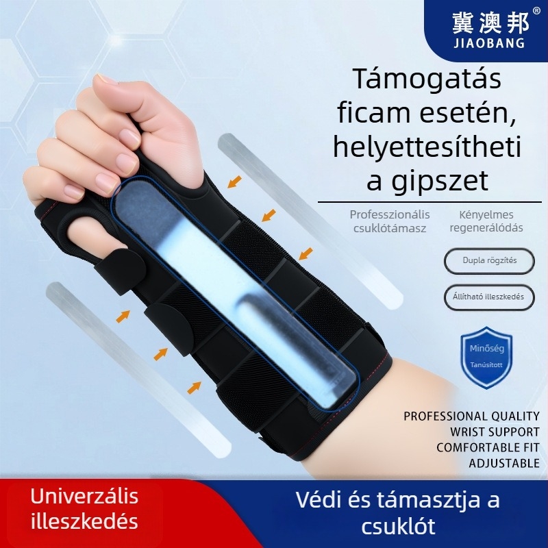 Férfiak és nők számára készült csukló ortéz, légáteresztő kompressziós sport-csuklóvédő, levehető fémlemezzel és körbefutó pánttal.
