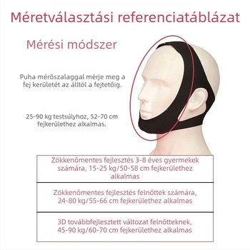 Állítható, légáteresztő háromszög alakú horkolás elleni pánt, állkapocs-támasz és V-alakú arcformázás