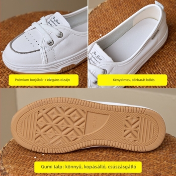Női fehér valódi bőrből készült lapos talpú cipő, alacsony kivágás, lélegző, slip-on, kerek orr, sík talp.