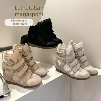 Női bőr magas szárú sportcipő Velcro-zárással, 8 cm belső magasságú növelés, színes mintázat, mindennapi viselet