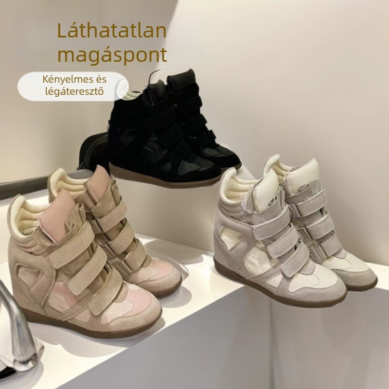 Női bőr magas szárú sportcipő Velcro-zárással, 8 cm belső magasságú növelés, színes mintázat, mindennapi viselet