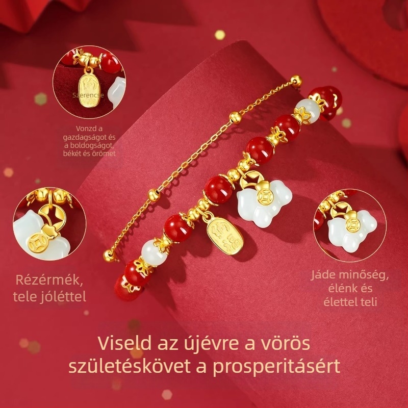 Cinnabar Lóév női karkötő, tiszta ezüst Hetian jade gyöngyökkel, Zodiákus ékszer, Újévi ajándék barátnőnek