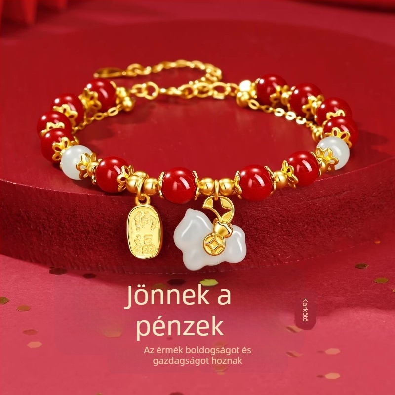 Cinnabar Lóév női karkötő, tiszta ezüst Hetian jade gyöngyökkel, Zodiákus ékszer, Újévi ajándék barátnőnek