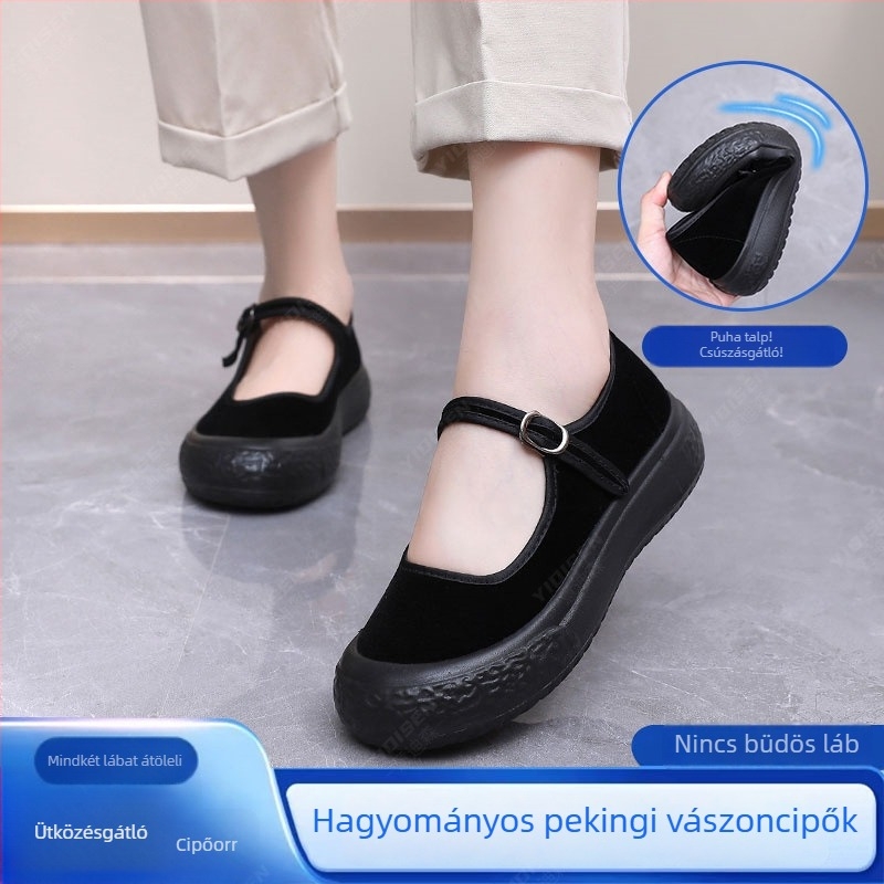 Női vászon cipő Old Beijing stílusú, vastag platformával, hegyes orral, csúszásmentes talppal