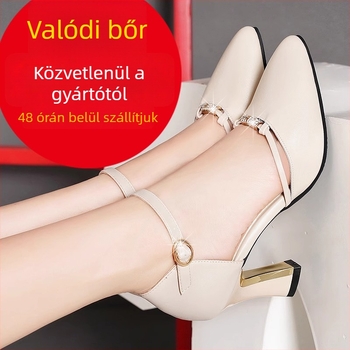 Női csatos pántos szandál, hegyes orrú, lyukasztott dizájn, középmagas sarok, zárt orr