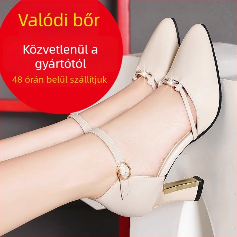 Női csatos pántos szandál, hegyes orrú, lyukasztott dizájn, középmagas sarok, zárt orr