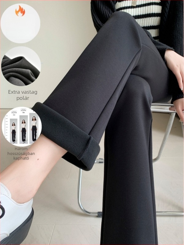 Női fleece-béléssel ellátott magas derékú, enyhén bő fazonú casual nadrág, japán-koreai stílus